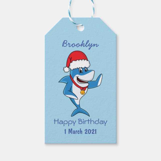 Étiquettes-cadeau Drôle dessin animé de requin de Noël (Devant)