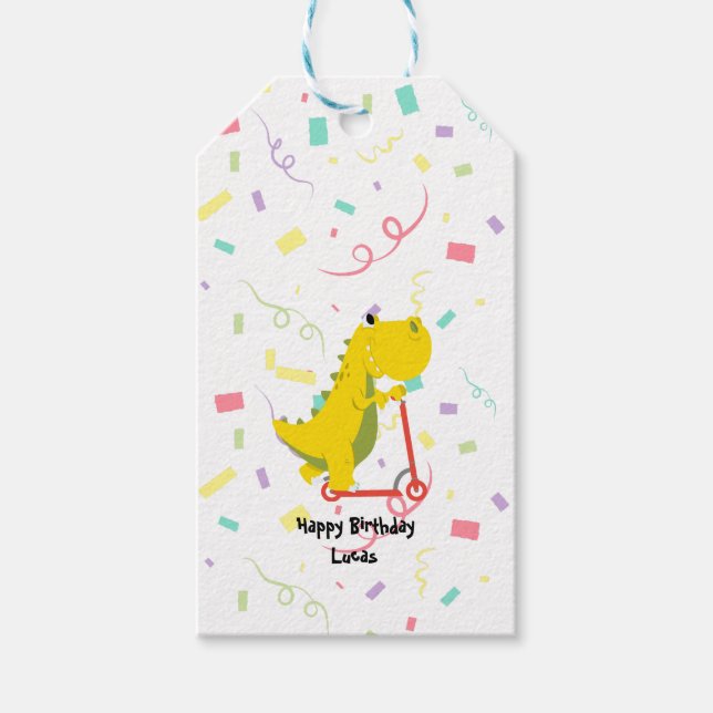 Étiquettes-cadeau Drôle dinosaure Scooter jouet anniversaire garçon  (Devant)