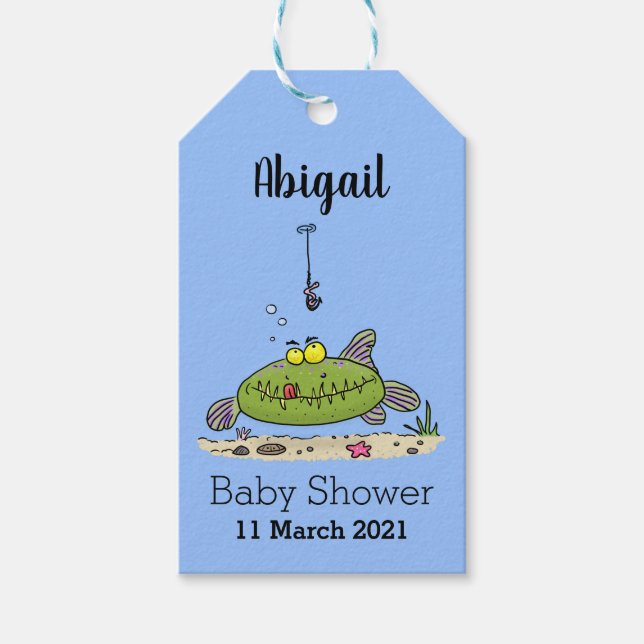 Étiquettes-cadeau Drôle gras affamé poisson vert dessin de pêche (Devant)