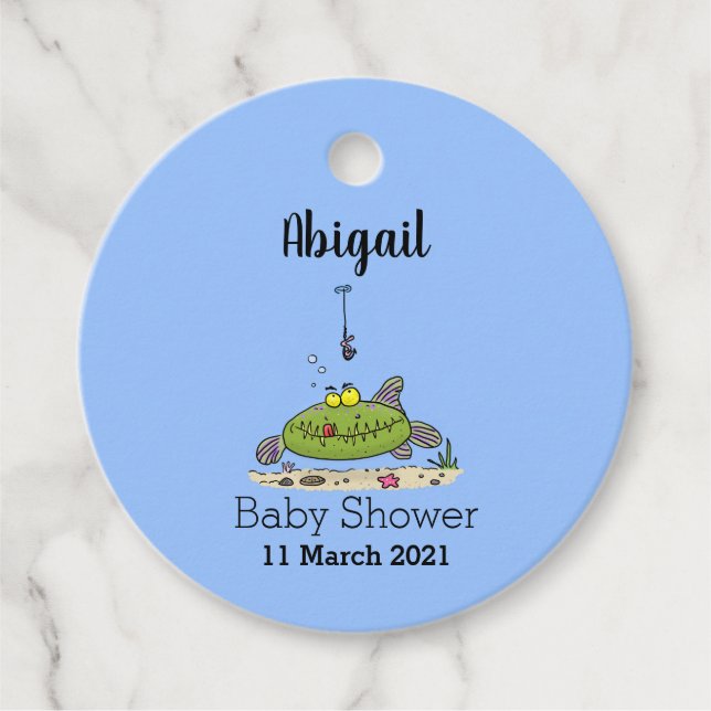 Étiquettes Cadeau Drôle gras affamé poisson vert dessin de pêche (Devant)