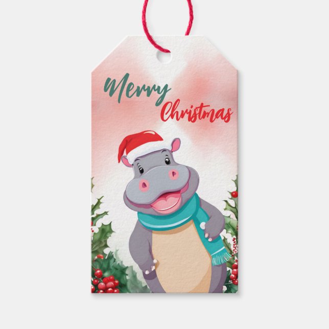 Étiquettes-cadeau Drôle Joyeux Noël Wreath mignonne HIPPO père Noël (Devant)