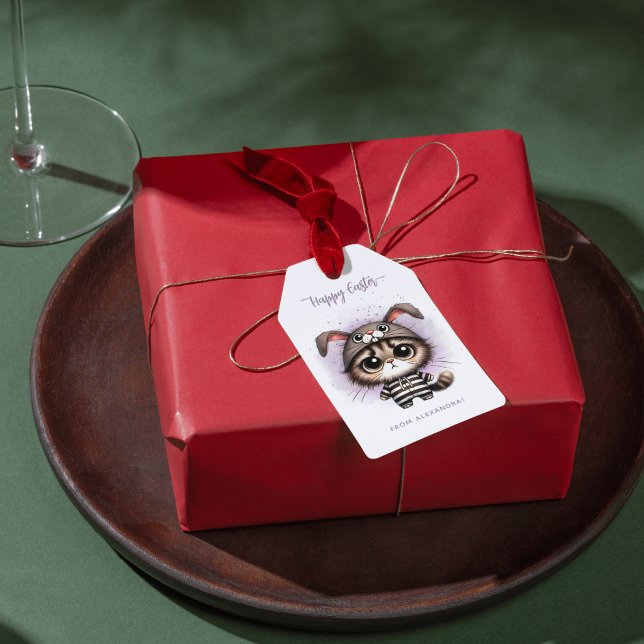 Étiquettes-cadeau Drôle mignon lapin Kitty Oreilles pourpre Joyeux P (Créateur téléchargé)