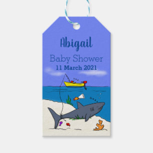 Étiquettes-cadeau Drôle requin couché et dessin animé de pêche
