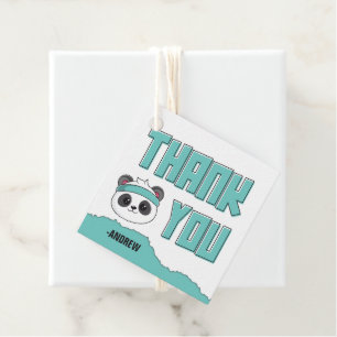 Étiquettes Cadeau Duo Turquoise et noir Panda Anniversaire Merci