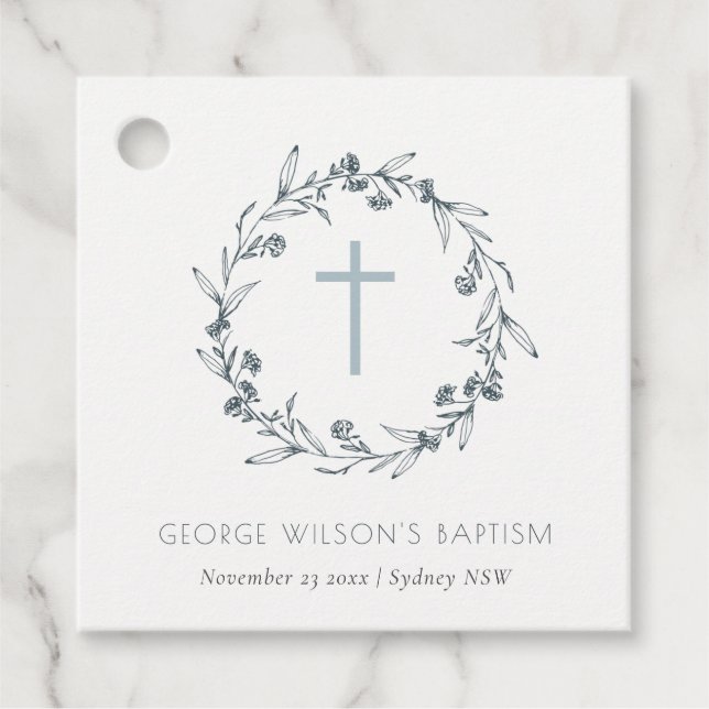 Étiquettes Cadeau Dusky Blue Floral Laurel Wreath Monogramme Baptême (Devant)