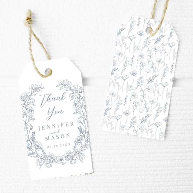 Étiquettes-cadeau Dusty bleu floral wreath classique mariage merci (Créateur téléchargé)