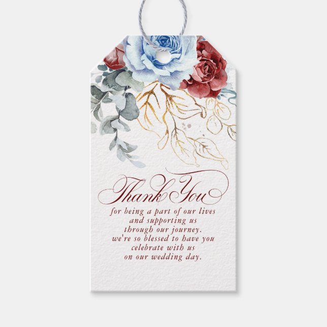 Étiquettes-cadeau Dusty Blue and Red Flowers Boho Thank You (Devant)