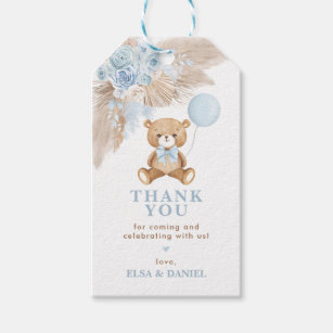 Étiquettes-cadeau Dusty Blue Boho Floral Pampas Teddy Bear Baby