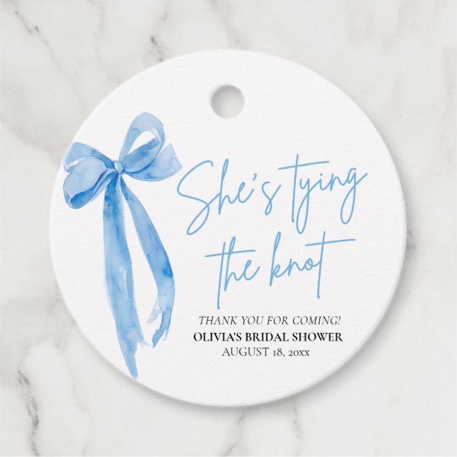 Étiquettes Cadeau Dusty Blue Bow Elle Attache le Nœud Shower de Mari (Devant)