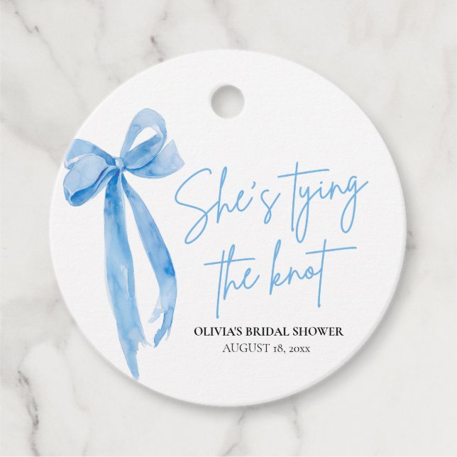 Étiquettes Cadeau Dusty Blue Bow Elle organise une fête de mariage S (Devant)