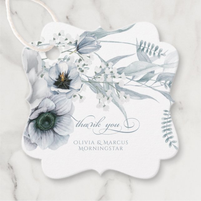 Étiquettes Cadeau Dusty Blue Cream Anemone Peony Mariage (Devant)
