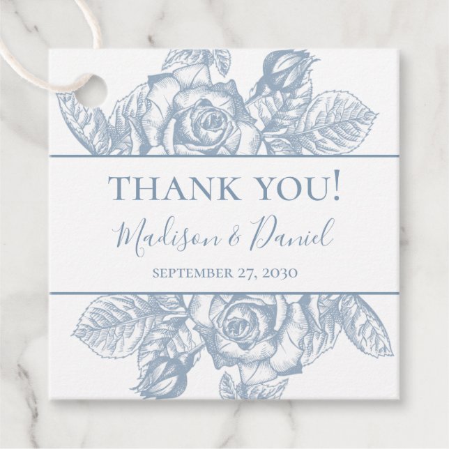 Étiquettes Cadeau Dusty Blue Floral Mariage Merci (Devant)