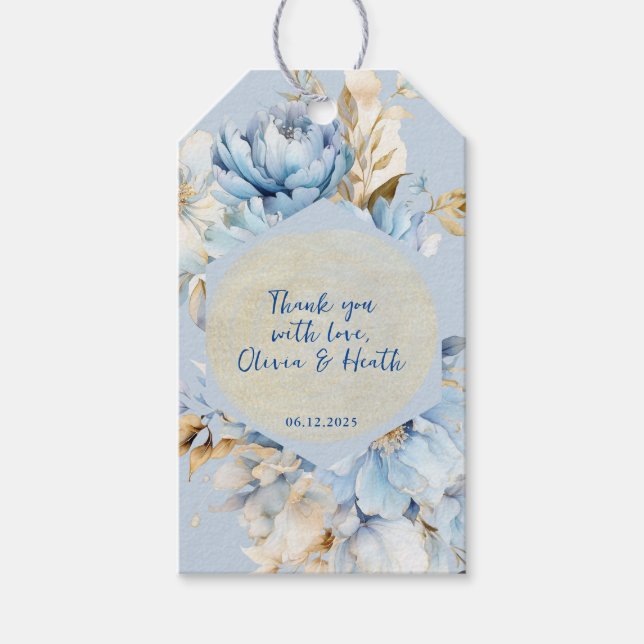 Étiquettes-cadeau Dusty Blue Floral Mariage or (Devant)