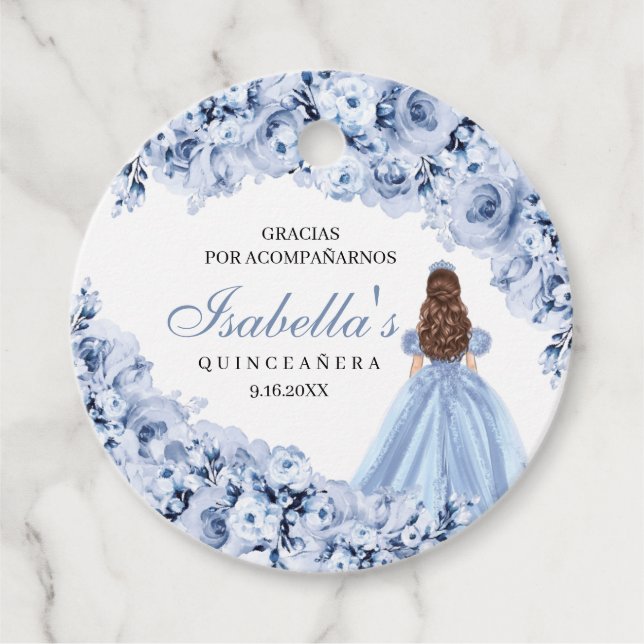 Étiquettes Cadeau Dusty Blue Floral Quinceanera Cercle Favoriser les (Devant)