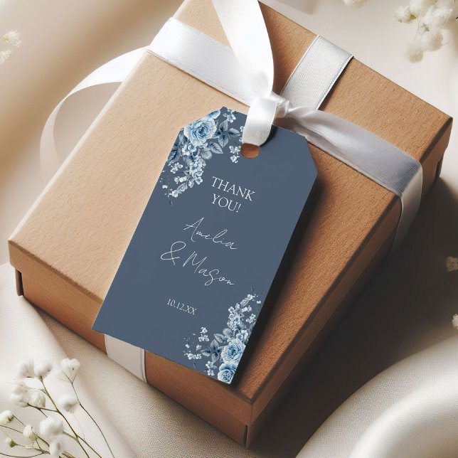 Étiquettes-cadeau Dusty Blue Floral Script Wedding (Dusty Blue Floral Script Wedding Gift Tags)