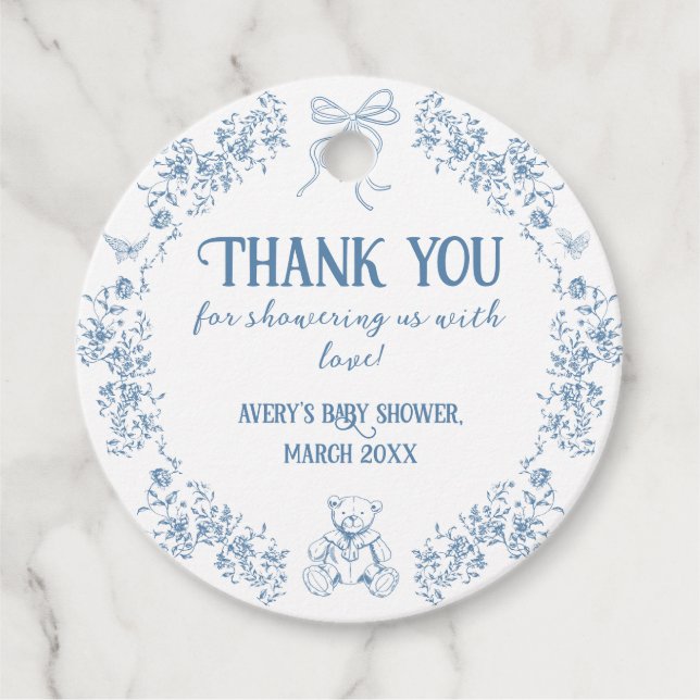 Étiquettes Cadeau Dusty Blue Floral Vintage Teddy Bear Baby shower (Devant)