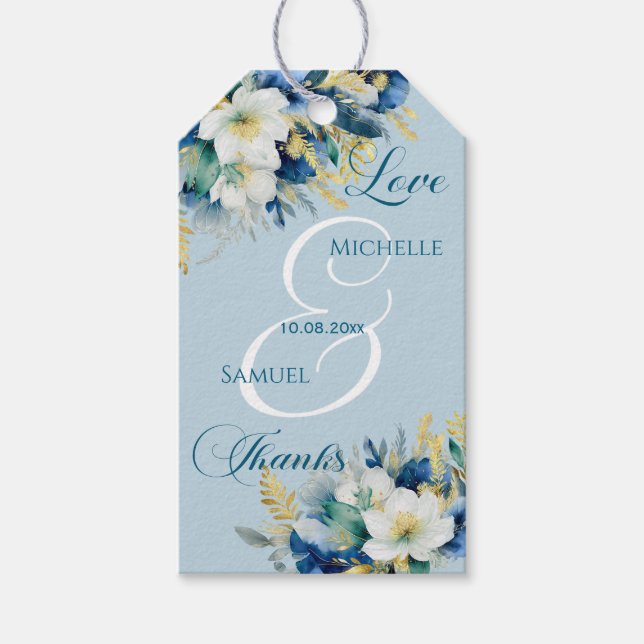 Étiquettes-cadeau Dusty Blue Gold Parties scintillant Floral Mariage (Devant)