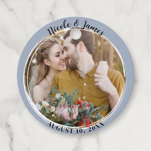 Étiquettes Cadeau Dusty Blue Minimal Mariage photo ronde tendance (Devant)