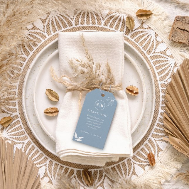 Étiquettes-cadeau Dusty Blue Minimalist Branche Feuille Mariage Fave (Créateur téléchargé)