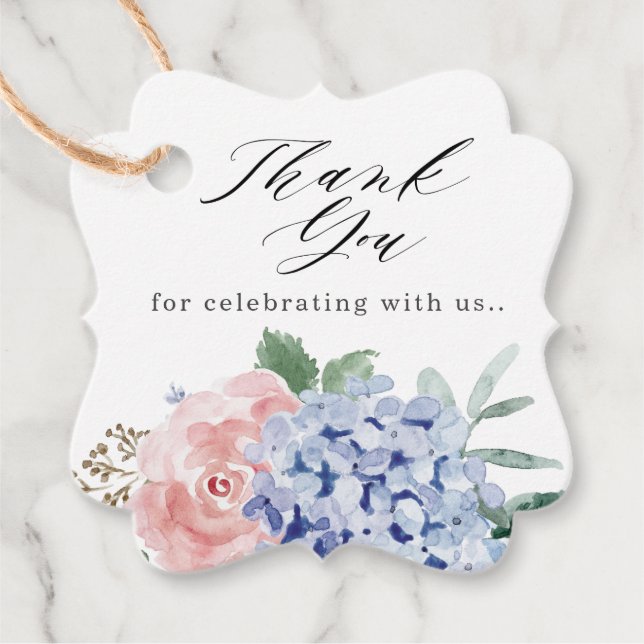 Étiquettes Cadeau Dusty Blue Pastel Rose hydrangea Mariage Merci (Devant)