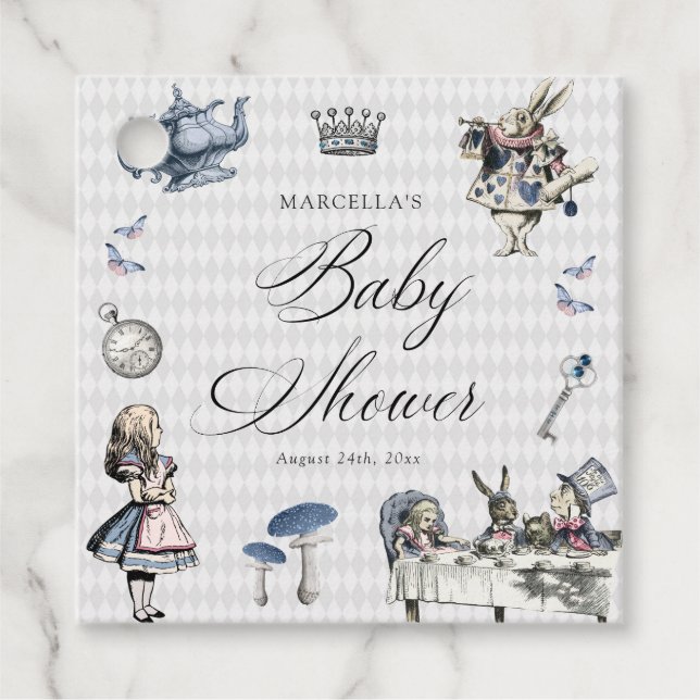 Étiquettes Cadeau Dusty Blue & Pink Alice in Wonderland Baby shower (Devant)