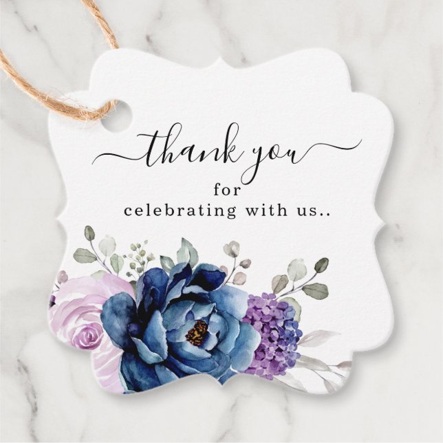 Étiquettes Cadeau Dusty Blue Purple Blooms Mariage Merci (Devant)