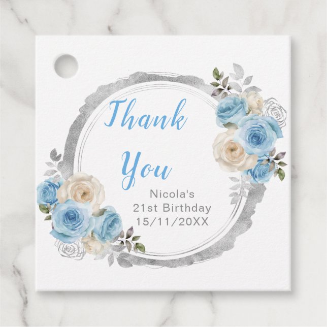 Étiquettes Cadeau Dusty Blue Silver Elegant Flowers Birthday Party (Devant)
