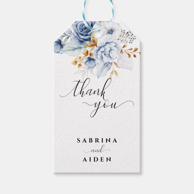 Étiquettes-cadeau Dusty Blue White Gold Floral Mariage (Devant)