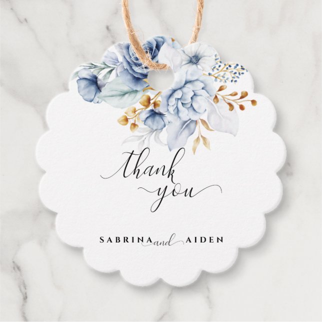 Étiquettes Cadeau Dusty Blue White Gold Floral Mariage (Devant)