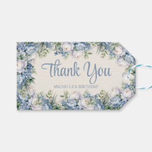 Étiquettes-cadeau Dusty Blue White Roses Joyeux Anniversaire Script