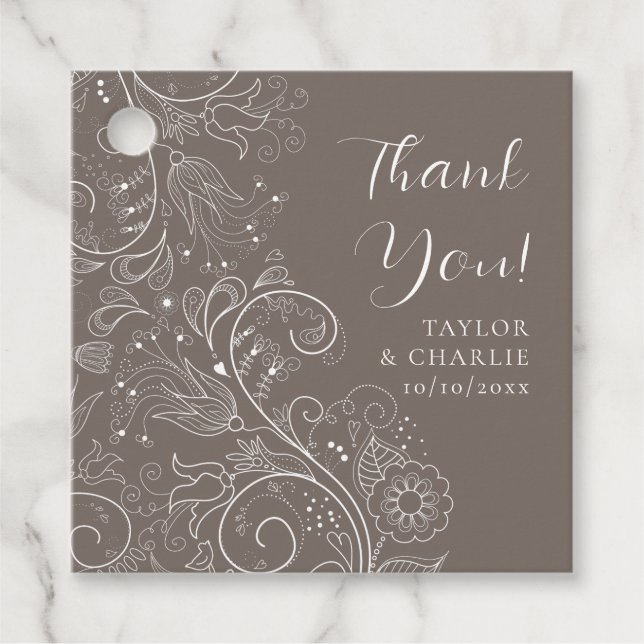 Étiquettes Cadeau Dusty Brown élégant Merci Mariage floral (Devant)