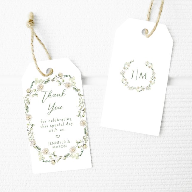 Étiquettes-cadeau Dusty Green Floral Wreath Mariage d'été Merci (Créateur téléchargé)