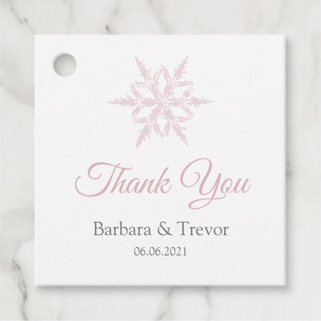 Étiquettes Cadeau Dusty Pink Snowflakes Merci de mariage hivernal (Devant)