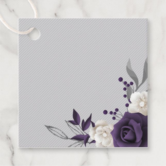 Étiquettes Cadeau Dusty violet fleurs blanches argent feuilles (Devant)