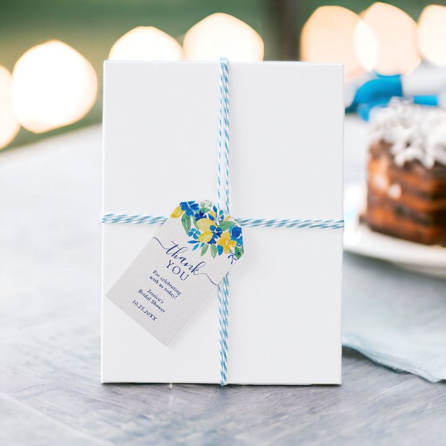 Étiquettes-cadeau Eau-forte aquarelle florale citrons jaunes bleus d (Blue yellow lemons floral watercolor bridal shower gift tags)