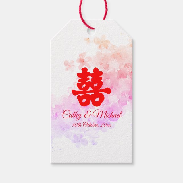 Étiquettes-cadeau Eau mariage rouge de Chine fleurs de cerisier (Devant)