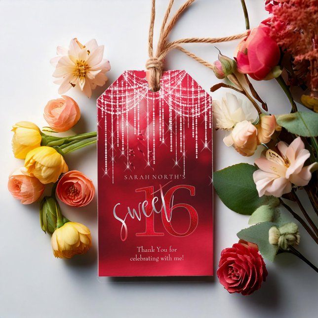 Étiquettes-cadeau Éclairage à chaîne et ballons Sweet 16 Red ID473 (Créateur téléchargé)