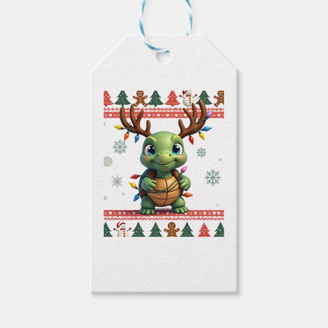 Étiquettes-cadeau Éclairage de style pull de Noël moche Tortue de No (Devant)