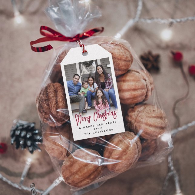 Étiquettes-cadeau Écriture à pinceau rouge Joyeux Noël Photo moderne (Créateur téléchargé)