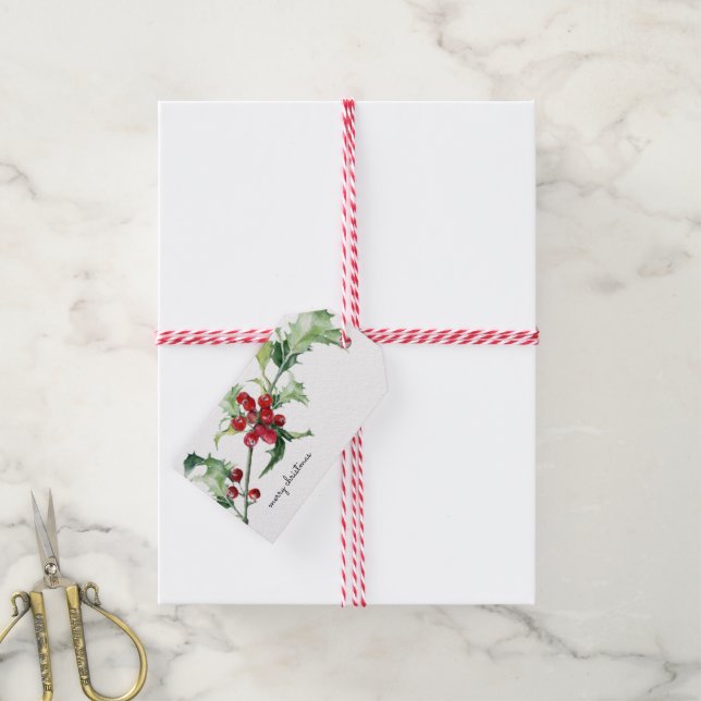 Étiquettes-cadeau Écriture de houx de Noël à l'aquarelle (With Twine)