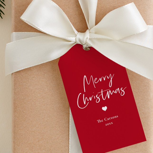 Étiquettes-cadeau Écriture moderne rouge Noël  (Simple red and white script merry christmas gift tags.)