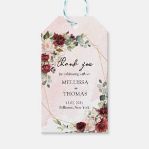 Étiquettes-cadeau Eeucalyptus à fleurs bordeaux tendance et mariage