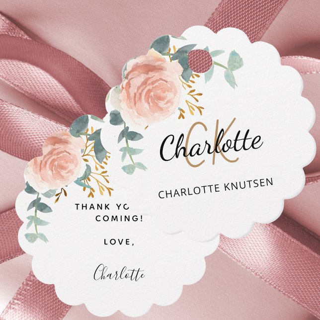 Étiquettes Cadeau Eeucalyptus floral rose blanc merci Quinceanera (Créateur téléchargé)