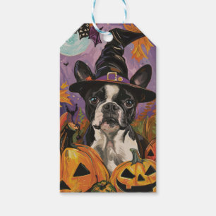 Étiquettes-cadeau Éffrayant Boston Terrier Halloween Witch Et Citrou