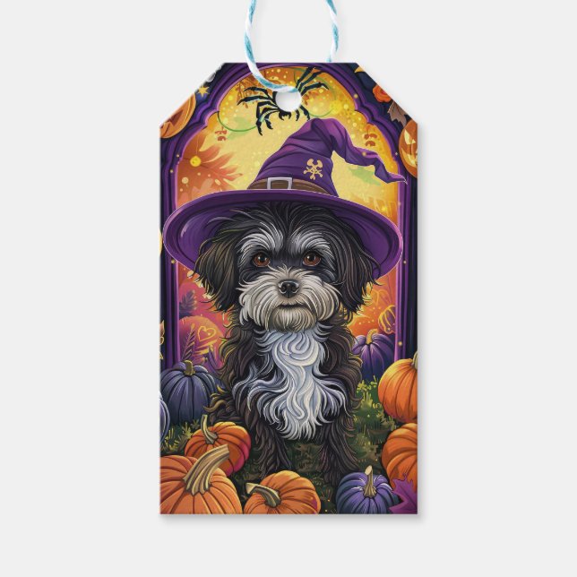 Étiquettes-cadeau Éffrayant Havanais Chien Halloween sorcière et Cit (Devant)