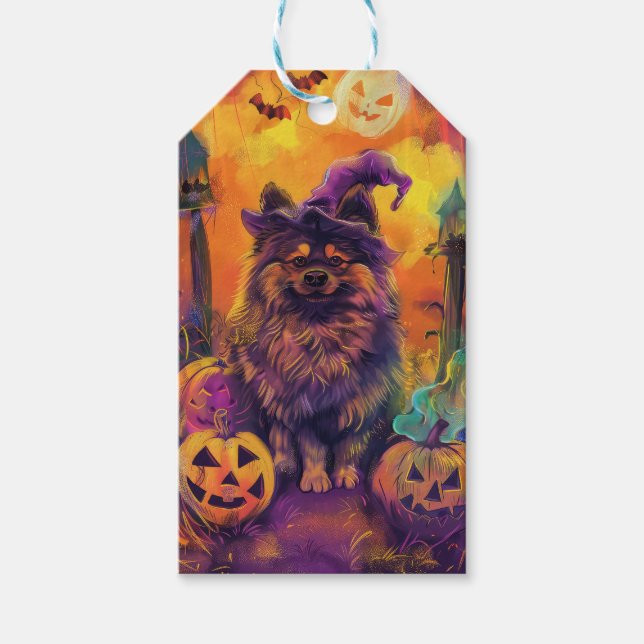 Étiquettes-cadeau Éffrayant Keeshond Chien Halloween sorcière et Cit (Devant)
