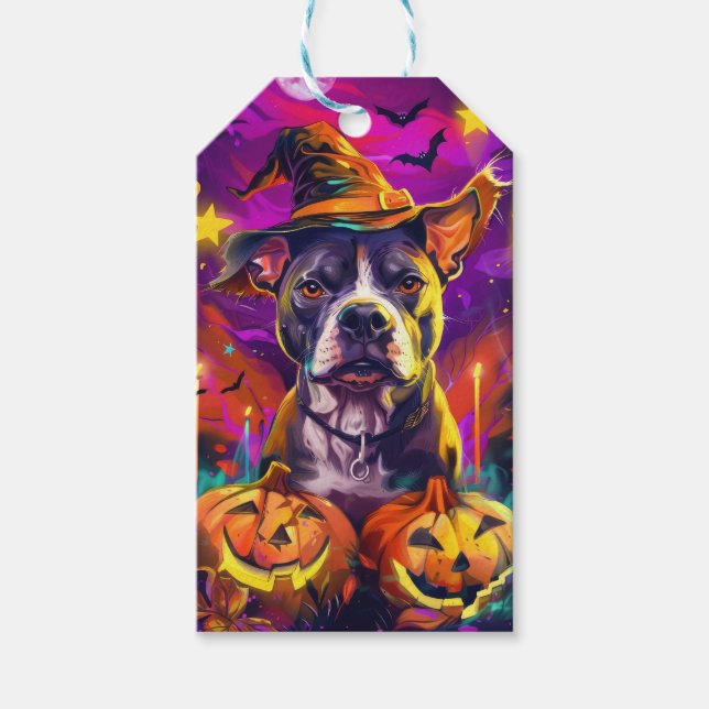 Étiquettes-cadeau Éffrayant Pitbull Chien Halloween sorcière et Citr (Devant)