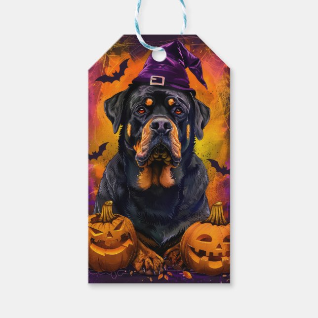Étiquettes-cadeau Éffrayant Rottweiler Chien Halloween sorcière et C (Devant)