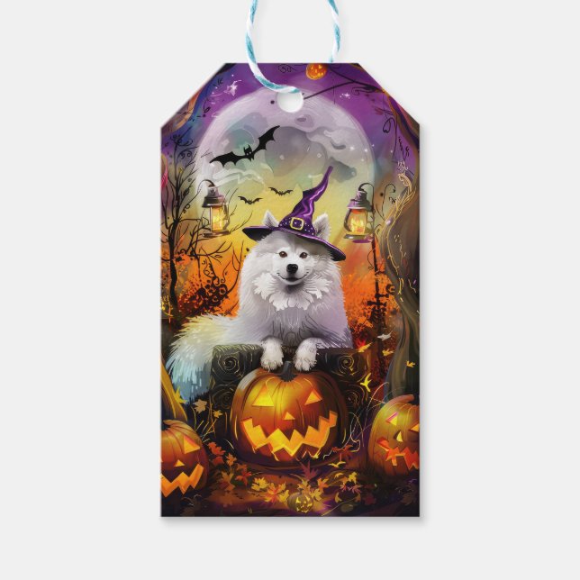 Étiquettes-cadeau Éffrayant Samoyed Chien Halloween sorcière et Citr (Devant)