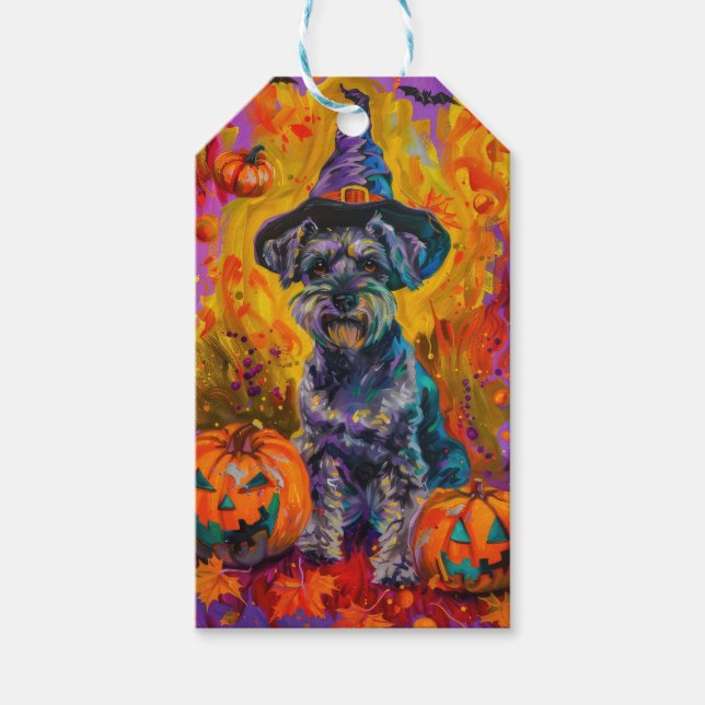 Étiquettes-cadeau Éffrayant Schnauzer Chien Halloween sorcière et Ci (Devant)